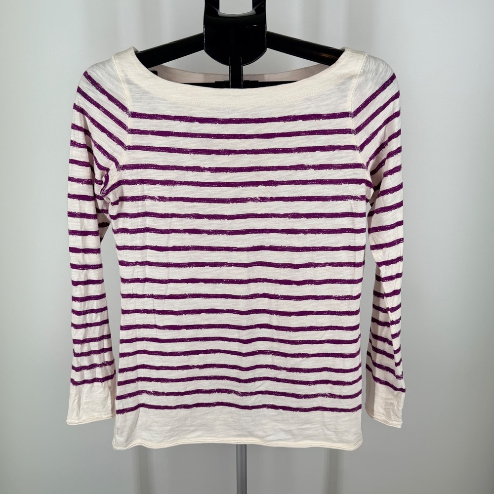 Loft Womens Small Purple Cream Striped Boat Neck Long Sleeve Slub Top
